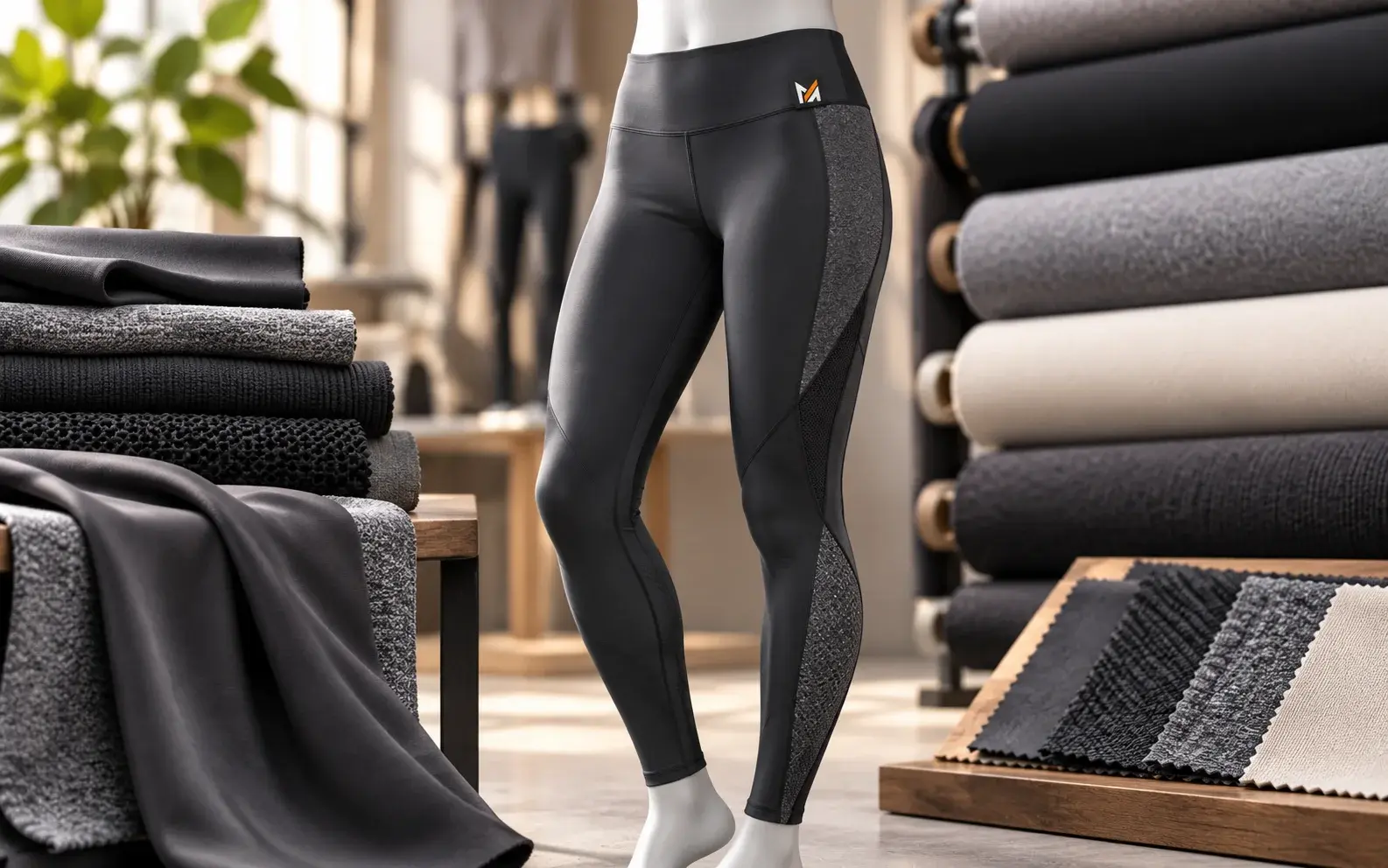 Black performance leggings displayed on a mannequin surrounded by different fabric rolls and swatches, showcasing fabric types, textures, and weights used for custom leggings manufacturing.